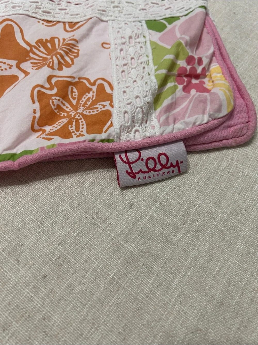 Lilly Pulitzer Patchwork Pillow Shams (2) Vibrant Pastel Floral With Lace Detail